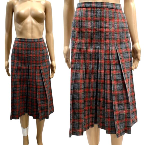 60s Tartan Wool Midi Skirt | MOD Pleated Red Plaid Rockabilly | 25-26" waist - Picture 1 of 10